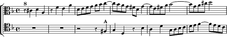 \new ChoirStaff << \override Score.Rest #'style = #'classical
\new Staff \relative c' { \clef alto \key d \minor \time 4/4
r4^\markup \bold "S" cis d a | r f' e a |
d,8 e f g a bes c4 ~ | c8 bes a g fis d g4 ~ |
g8 e fis a bes2 ~ | bes8 g a cis d2 }
\new Staff \relative f { \clef tenor \key d \minor R1*2
r2 r4 fis^\markup \bold "A" | g d r bes' |
a d g,8 a bes c | d e f4 ~ f8 e d c } >>