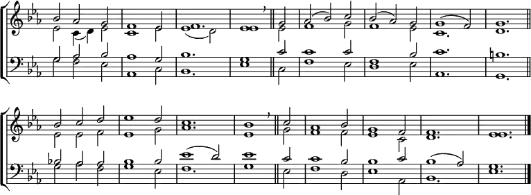 
\new ChoirStaff <<
  \new Staff { \clef treble \time 3/2 \key es \major \set Staff.midiInstrument = "church organ" \omit Staff.TimeSignature \set Score.tempoHideNote = ##t \override Score.BarNumber  #'transparent = ##t
  \relative c''
  << { bes2 aes g | f1 es2 | f1. | es1 \breathe \bar"||"
       g2 | aes( bes) c | bes( aes) g | g1( f2) | g1. \bar"||" \break
       bes2 c d | es1 d2 | c1. | bes1 \breathe \bar"||"
       c2 | aes1 bes2 | g1 f2 | f1. | es \bar"|." } \\
  { es2 c4( d) es2 | c1 es2 | es1( d2) | es1
    es2 | f1 g2 | f1 es2 | c1. | d
    es2 es f | es1 g2 | aes1. | es1
    g2 | f1 f2 | es1 c2 | d1. | es } >>
  } 
\new Staff { \clef bass \key es \major \set Staff.midiInstrument = "church organ" \omit Staff.TimeSignature \override Staff.NoteHead.style = #'altdefault
  \relative c'
  << { g2 aes bes | aes1 g2 | bes1. | g1
       c2 | c1 c2 | f,1 bes2 | c1. | b
       bes!2 aes aes | bes1 bes2 | es1( d2) | es1
       c2 | c1 bes2 | bes1 c2 | bes1( aes2) | g1. } \\
  { g2 f es | aes,1 c2 | bes1. | es1
    c2 | f1 es2 | d1 es2 | aes,1. | g
    g'2 aes f | g1 es2 | f1. | g1
    es2 | f1 d2 | es1 aes,2 | bes1. | es } >>
  } 
>>
\layout { indent = #0 }
\midi { \tempo 2 = 80 }
