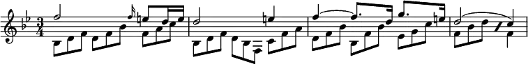 { \time 3/4 \key bes \major << \relative f'' { f2 \grace f16 e8 d16 e | d2 e4 | f4 ~ f8. d16 g8. e16 | d2( c4) } \\ \relative b { bes8*2/3 d f d f bes f a c | bes, d f d bes f c' f a | d, f bes bes, f' bes ees, g c | \repeat percent 2 { f,8*2/3 bes d } f,4 } >> }