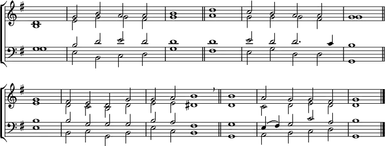 
\new ChoirStaff <<
  \new Staff { \clef treble \time 4/2 \key g \major \partial 1 \set Staff.midiInstrument = "church organ" \omit Staff.TimeSignature \set Score.tempoHideNote = ##t \override Score.BarNumber  #'transparent = ##t 
  \relative c'
  << { d1 | g2 b a a | b1 \bar"||" d | c2 b a a | g1 \bar"||" \break
     g | fis2 e d g | g a b1 \bar"||" \breathe \time 2/2 b | \time 4/2 a2 g g fis | g1 \bar"|." } \\
  { b,1 | e2 g g fis | g1 a | g2 g g fis | g1
  e | d2 c b d | e e dis1 | d | c2 d e d | d1 } >>
  } 
\new Staff { \clef bass \key g \major \set Staff.midiInstrument = "church organ" \omit Staff.TimeSignature
  \relative c'
  << { g1 | b2 d e d | d1 d | e2 d d2. c4 | b1
     b | b2 g g g | b a fis1 | g | e4( fis) g2 c a | b1 } \\
  { g1 | e2 b c d | g1 fis | e2 g d d g,1
  e' | b2 c g b | e c b1 | g | a2 b c d | g,1 } >>
  } 
>>
\layout { indent = #0 }
\midi { \tempo 2 = 69 }
