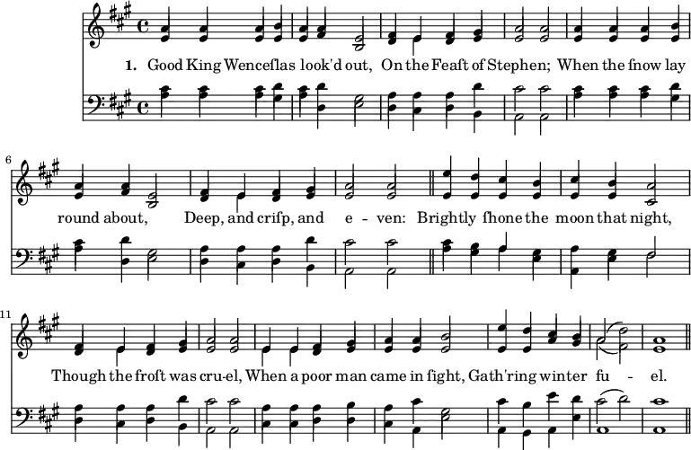 \version "2.14.2"
\header {
tagline = ""
}
\score { <<
\new ChoirStaff {
\time 4/4
\key a \major
<<
\new voice="soprano" {
\voiceOne \slurUp
\relative c'' {
a4 a a b a a e2 fis4 e fis gis a2 a
a4 a a b a a e2 fis4 e fis gis a2 a \bar "||"
e'4 d cis b cis b a2 fis4 e fis gis a2 a
e4 e fis gis a a b2 e4 d cis b a2( \stemDown d) \stemUp a1 \bar "||"
}
}
\\
\new voice=alto {
\voiceTwo \stemUp
\relative c' {
e4 e e e e fis b,2 d4 \stemDown e \stemUp d e e2 e
e4 e e e e fis b,2 d4 \stemDown e \stemUp d e e2 e
e4 e e e e e cis2 d4 \stemDown e \stemUp d e e2 e
\stemDown e4 e \stemUp d e e e e2 e4 e a gis \stemDown a2( fis ) \stemUp e1
}
}
\new Lyrics \lyricmode {
\set associatedVoice = #"soprano"
\set stanza = #"1. "
Good4 King Wenceſlas2. look'd4 out,2 On4 the Feaſt of Stephen;1
When4 the ſnow lay round about,2. Deep,4 and criſp, and e2 -- ven:2
Brightly2 ſhone4 the moon that night,2 Though4 the froſt was cru2 -- el,2
When4 a poor man came in ſight,2 Gath'ring win4 -- ter fu1 -- el.
}
>>
}
\new ChoirStaff {
\clef "bass"
\time 4/4
\key a \major
<<
\new voice="tenor" {
\voiceThree \slurUp \stemDown
\relative c' {
cis4 cis cis d cis d gis,2 a4 a a d cis2 cis
}
\relative c' {
cis4 cis cis d cis d gis,2 a4 a a d cis2 cis
}
\relative c' {
cis4 b \stemUp a \stemDown gis a gis \stemUp fis2 \stemDown a4 a a d cis2 cis
}
\relative c' {
a4 a a b a cis gis2 cis4 b e d cis2( d) cis1
}
}
\\
\new voice="bass" {
\voiceFour \slurDown
\relative c' {
a4 a a gis a d, e2 d4 cis d b a2 a
}
\relative c' {
a4 a a gis a d, e2 d4 cis d b a2 a \bar "||"
}
\relative c' {
a4 gis a e a, e' fis2 d4 cis d b a2 a
}
\relative c {
cis4 cis d d cis a e'2 a,4 gis a e' a,1 a1 \bar "||"
}
}
>>
}
>>
\layout { indent = 2.0\cm }
\midi { }
}