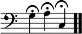 \relative c { \override Score.TimeSignature #'stencil = ##f \time 3/4 \clef bass g'4\fermata a\fermata c,\fermata \bar ".." }