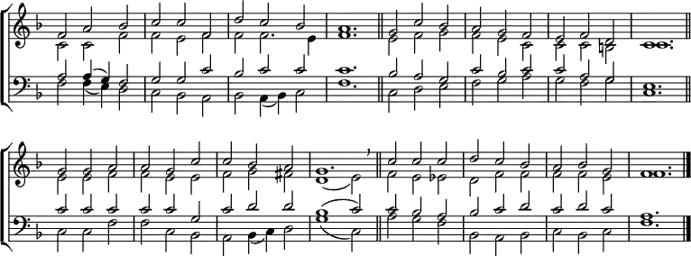 
\new ChoirStaff <<
  \new Staff { \clef treble \time 3/2 \key f \major \set Staff.midiInstrument = "church organ" \omit Staff.TimeSignature \set Score.tempoHideNote = ##t \override Score.BarNumber  #'transparent = ##t 
  \relative c'
  << { f2 a bes | c c f, | d' c bes | a1. \bar"||"
       g2 c bes | a g f | e f d | c1. \bar"||"
       g'2 g a | a g c | c bes a | g1. \breathe \bar"||"
       c2 c c | d c bes | a bes g | f1. \bar"|." } \\
  { c2 c f | f e f | f f2. e4 | f1. | e2 f g | f e c | c c b | c1.
    e2 e f | f e e | f g fis | d1( e2) | f e es | d f f | f f e | f1. } >>
  }
\new Staff { \clef bass \key f \major \set Staff.midiInstrument = "church organ" \omit Staff.TimeSignature
  \relative c'
  << { a2 4( g) f2 | g g c | bes c c | c1. | bes2 a g | c bes c | c a g | e1.
       c'2 c c | c c g | c d d | bes1( c2) | c bes a | bes c d | c d c | a1. } \\
  { f2 4( e) d2 | c bes a | bes a4( bes) c2 | f1. | c2 d e | f g a | g f g | c,1.
    c2 c f | f c bes | a bes4( c) d2 | g1( c,2) | a'2 g f | bes, a bes | c bes c | f1. } >>
  } 
>>
\layout { indent = #0 }
\midi { \tempo 2 = 80 }
