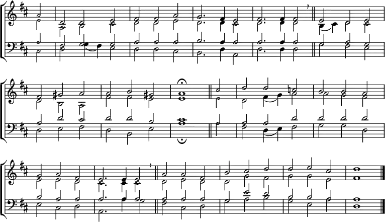 
\new ChoirStaff <<
  \new Staff { \clef treble \time 3/2 \key d \major \partial 2 \set Staff.midiInstrument = "church organ" \omit Staff.TimeSignature \set Score.tempoHideNote = ##t \override Score.BarNumber  #'transparent = ##t 
  \relative c''
  << { \once \tiny a2 | d, d e | fis fis a | g2. fis4 e2 | fis2. fis4 fis2 \breathe \bar"||" e d e \break
     fis gis a | a b gis | a1 \fermata \bar"||" \once \tiny cis2 | d d c | b b a \break
     g a fis | e2. e4 e2 \breathe \bar"||" a a fis | b cis d | d e cis | d1 \bar"|."} \\
  { \once \tiny e,2 | a, b cis | d d e | d2. d4 cis2 | d2. d4 d2 | b4( cis) d2 cis
  d b a | fis' fis e | e1 \once \tiny e2 | d fis4( g) a2 | a g fis
  e e d | cis2. cis 4 cis2 | d e d | d g fis | g g e | fis1 } >>
  }
\new Staff { \clef bass \key d \major \set Staff.midiInstrument = "church organ" \omit Staff.TimeSignature
  \relative c'
  << { \once \tiny a2 | fis g g | a a a | b2. a4 a2 | a2. a4 a2 | g a g
     a d cis | d d b | cis1 \once \tiny a2 | a a d | d d d |
     b a a | a2. a4 a2 | a a a | g e' d | b b a | a1 } \\
  { \once \tiny cis,2 | d g4( fis) e2 | d d cis | b2. d4 a2 | d2. d4 d2 | g fis e |
  d e fis | d b e | a1 \fermata \once \tiny a2 | fis d4( e) fis2 | g g d |
  e cis d | a2. a'4 g2 | fis cis d | g a b | g e a | d,1 } >>
  } 
>>
\layout { indent = #0 }
\midi { \tempo 2 = 80 }
