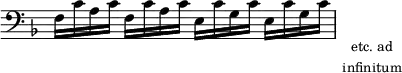 { \relative f { \clef bass \key f \major \override Score.TimeSignature #'stencil = ##f
f16 c' a c f, c' a c e, c' g c e, c' g c \stopStaff s_\markup { \lower #1 \small \center-column { "etc. ad" "infinitum" } } } }