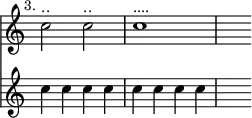\relative c'' << { \override Score.TimeSignature #'stencil = ##f } \time 4/4 \new staff { \mark \markup \small "3." c2^\markup { .. } c2^\markup { .. } | c1^\markup { .... } | s2 }
\new staff { c4 c c c | c c c c | s2 } >>
