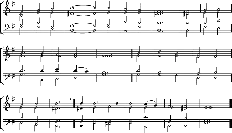 
\new ChoirStaff <<
  \new Staff { \clef treble \time 2/2 \key e \minor \partial 2 \set Staff.midiInstrument = "church organ" \omit Staff.TimeSignature \set Score.tempoHideNote = ##t \override Score.BarNumber  #'transparent = ##t
  \relative c'
  << { e2 | g a | b1 ~ | 2 2 | a g | \time 4/2 fis1. \bar"||" 2 | \time 2/2 g a \break
       b2. 4 | a2 a | \time 4/2 g1. \bar"||" b2 | \time 2/2 d b | a fis \break
       g a | b2. \breathe \bar"||" 4 | 2. 4 | 2 a4( g) | fis2 2 | \time 4/2 e1. \bar"|." } \\
  { b2 | e e | dis1 ~ | 2 e | e e | dis1. dis!2 | e fis
    g2. 4 | 2 fis | g1. 2 | 2 2 | fis fis
    e e | dis2. dis!4 | e2 fis | e e | e dis | e1. } >>
  }
\new Staff { \clef bass \key e \minor \set Staff.midiInstrument = "church organ" \omit Staff.TimeSignature 
  \relative c'
  << { g2 | b e, | fis1 ~ | 2 g | c b | b1. 2 | 2 d 
       d2. 4 | e2 d4( c) | b1. d2 | b g | a b
       b e, | fis2. 4 | g2 fis | g c | fis, b | g1. } \\
  { e2 | 2 c | b1 ~ | 2 e | a, e' | b1. 2 | e d
    g2. b,4 | c2 d | g1. 2 | 2 2 | d d 
    e c | b2. 4 | e2 dis | e a, | b b | e1. } >>
  } 
>>
\layout { indent = #0 }
\midi { \tempo 2 = 69 }
