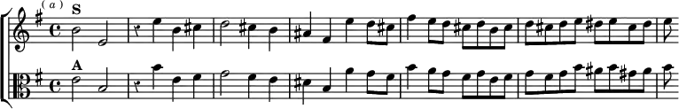 \new ChoirStaff << \override Score.BarNumber #'break-visibility = #'#(#f #f #f) \override Score.Rest #'style = #'classical
\new Staff \relative b' { \key e \minor \time 4/4 \mark \markup \tiny { ( \italic a ) }
b2^\markup \bold "S" e, | r4 e' b cis |
d2 cis4 b | ais fis e' d8 cis |
fis4 e8 d cis d b cis | d cis d e dis e cis dis | e }
\new Staff \relative e' { \key e \minor \clef alto
e2^\markup \bold "A" b | r4 b' e, fis |
g2 fis4 e | dis b a' g8 fis |
b4 a8 g fis g e fis | g fis g b ais b gis ais | b } >>