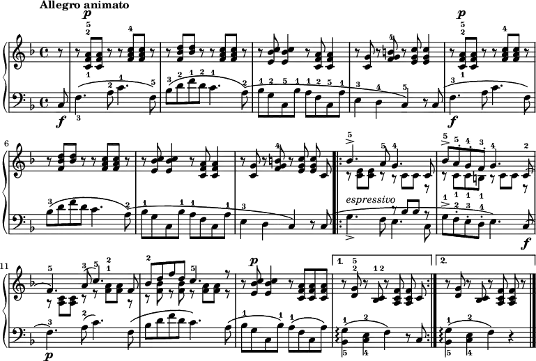 \new PianoStaff <<
\new Staff { \key f \major \time 4/4 \partial 8 \tempo "Allegro animato" \relative a' {
r8 | r <a-5 f-2 c-1>^\p q r r <c-4 a f> q r |
r <d bes f> <d bes> r r <c a f> q r |
r <c bes e,> q4 r8 <a f c> q4 |
r8 <g c,> r <b-4 g f> r <c g e> q4 |
r8 <a-5 f-2 c-1>^\p q r r <c-4 a f> q r |
r <d bes f> <d bes> r r <c a f> q r |
r <c bes e,> q4 r8 <a f c> q4 | \autoBeamOff
r8 <g c,> r <b-4 g f> r <c g e> q c,\(
\repeat volta 2 { \autoBeamOn
<< { bes'4.-5^> a8-5 g4.-4\) c,8 |
bes'-5^> a-.-5 g-.-4 f-.-3 g4.-4 c,8-2( |
f4.-5) a8-3( c4.-5) f,8\( |
bes-2 d f d c4.-5 r8 } \\
{ r8 <c, e> q r r c c r |
r c-1 c-1 b-1 r c c r |
r <c a> q r r <f^1 a^2> q r |
r <f bes> r q r <f a> q r } >>
r <e bes' c>^\p q4 r8 <c f a> q q \autoBeamOff }
\alternative {
{ r <d^2 g^5> r <c^2 bes^1> r <a c f> q c }
{ r <d g> r <c bes> r <a c f> q r \bar "|." } } } }
\new Staff { \clef bass \key f \major \relative c {
c8\f | f4._3\( a8-2 c4.-1 f,8-5\) |
bes-3\( d-2 f-1 d-2 c4.-1 a8-2\)\( |
bes-1 g-2 c,-5 bes'-1 a-1 f-2 c-5 a'-1 |
e4-3 d-4 c-5\) r8 c\( |
f4.-3\f a8 c4. f,8\) |
bes-3\( d f d c4. a8-2\)\( |
bes-1 g c, bes'-1 a-1 f c a'-1 |
e4-3 d c\) r8 c\( |
\repeat volta 2 {
g'4._>^\markup { \italic espressivo } f8
<< { r bes bes r } \\ { e,4.\) c8\( } >> |
g'->-1 f-.-2 e-.-3 d-.-4 e4.\) c8\f( |
f4.-3)\p a8-2( c4.) f,8\( |
bes d f d c4.\) a8\( |
bes-1 g c, bes'-1\) a-1\( f c a'\) }
\alternative {
{ <g-1 bes,-5>4\arpeggio\( <e-2 c-4> f\) r8 c }
{ <g'-1 bes,-5>4\arpeggio\( <e-2 c-4> f\) r4 } } } }
>>