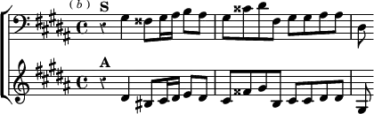 \new ChoirStaff << \override Score.Rest #'style = #'classical
\new Staff \relative g { \clef bass \key gis \minor \time 4/4 \mark \markup \tiny { ( \italic b ) }
r4^\markup \bold "S" gis4 fisis8 gis16 ais b8 ais |
gis cisis dis fis, gis gis ais ais | dis, }
\new Staff \relative d' { \key gis \minor
r4^\markup \bold "A" dis4 bis8 cis16 dis e8 dis |
cis fisis gis b, cis cis dis dis | gis, } >>