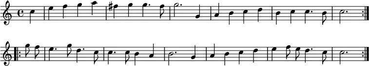 { \relative c'' { \partial 4
\repeat volta 2 { c4 | e f g a | fis g g4. fis8 |
g2. g,4 | a b c d | %end line 1
b c c4. b8 | c2. }
\repeat volta 2 { g'8\noBeam f | e4. g8 d4. c8 | c4. c8 b4 a | %end line 2
b2. g4 | a b c d | e f8\noBeam e d4. c8 | c2. } } }