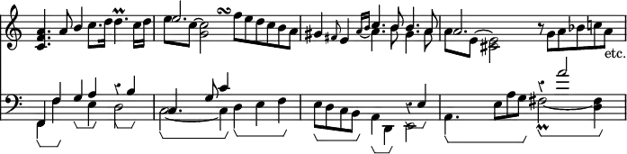 { << \new Staff << \override Score.BarNumber #'break-visibility = #'#(#f #f #f) \override Score.Rest #'style = #'classical \override Score.TimeSignature #'stencil = ##f \time 6/4
 \new Voice \relative a' { \stemUp
  <a f c>4. a8 b4 s2. |
  << { e2. } \\ { \hideNotes e2 b4^\turn } >> s2. | %end line 1
  gis4 \grace fis8 e4 c'4. b8 b4. a8 | a2. s }
 \new Voice \relative c'' { \stemDown
  s2 s4 c8. d16 d4.\prall c16 d |
  e8 c ~ <c g>2 f8[ e d c b a] |
  s2 \set tieWaitForNote = ##t \grace { a16 ~ b } a4. b8 gis4. a8 |
  a8 e ~ <e cis>2 r8 g[ a bes c! a_"etc."] } >>
\new Staff << \clef bass
 \new Voice \relative f, { \stemUp
  f4 f' g\startGroup a\stopGroup r\startGroup b\stopGroup |
  c,4. g'8 c4 s2. | s1 r4\startGroup e,\stopGroup |
  s4. s r4 a'2 }
 \new Voice \relative f, { \stemDown
  f4\startGroup f'\stopGroup s e d2 |
  c2\startGroup _~ c4\stopGroup d\startGroup e f\stopGroup |
  e8\startGroup d c b\stopGroup a4\startGroup d,\stopGroup e2 |
  a4.\startGroup e'8 a g\stopGroup fis2_\prall\startGroup _~ <fis d>4\stopGroup } >>  >> %need to sort out the analysis brackets better
 }
\layout {
  \context {
    \Voice
    \consists "Horizontal_bracket_engraver"
  }
}
\header { tagline = ##f }