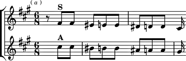 \layout {
\context { \Score \remove "Timing_translator" \remove "Default_bar_line_engraver" }
\context { \Staff \consists "Timing_translator" \consists "Default_bar_line_engraver" } }
\header { tagline = ##f }
\score { \new ChoirStaff <<
\new Staff \relative f' { \key fis \minor \time 6/8 \mark \markup \tiny { (\italic"a") }
r8 fis^\markup \bold "S" fis eis e e | dis d d cis16 }
\new Staff \relative c'' { \key fis \minor \partial 4. \time 6/8
s8 cis^\markup \bold "A" cis | bis b b ais a a | gis16 } >> }