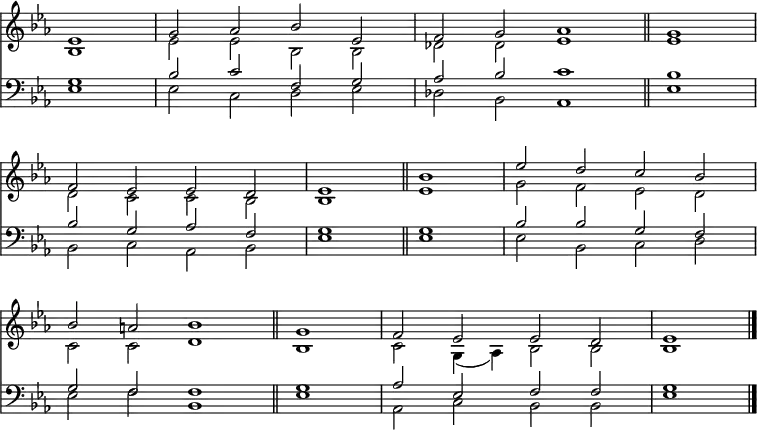 
<< <<
\new Staff { \clef treble \time 4/2 \key es \major \partial 1 \set Staff.midiInstrument = "church organ" \omit Staff.TimeSignature \set Score.tempoHideNote = ##t \override Score.BarNumber  #'transparent = ##t
  \relative c'
  << { es1 | g2 aes bes es, | f g aes1 \bar"||" \time 2/2 g1 \break
       \time 4/2 f2 es es d | es1 \bar"||" bes' | es2 d c bes \break
       bes a bes1 \bar"||" \time 2/2 g | \time 4/2 f2 es es d | es1 \bar"|." } \\
  { bes1 | es2 2 bes bes | des des es1 | es
    d2 c c bes | bes1 es | g2 f es d 
    c c d1 | bes | c2 g4( aes) bes2 2 | 1 } >>
}
\new Staff { \clef bass \key es \major \set Staff.midiInstrument = "church organ" \omit Staff.TimeSignature
  \relative c'
  << { g1 | bes2 c f, g | aes bes c1 | bes
       bes2 g aes f | g1 g | bes2 2 g f 
       g f f1 | g | aes2 es f f | g1 } \\
  { es1 | 2 c d es | des bes aes1 | es'
    bes2 c aes bes | es1 1 | 2 bes c d
    es f bes,1 | es1 | aes,2 c bes bes | es1 } >>
}
>> >>
\layout { indent = #0 }
\midi { \tempo 2 = 66 }
