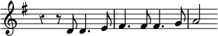 { \override Score.Rest #'style = #'classical \override Score.TimeSignature #'stencil = ##f \key g \major \relative d' { r4 r8 d d4. e8 fis4. fis8 fis4. g8 a2 } }