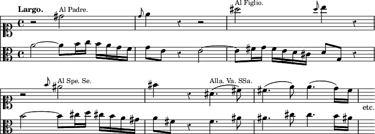{ << \new Staff \relative d'' { \clef soprano \time 4/4 \override Score.BarNumber #'break-visibility = #'#(#f #f #f) \tempo "Largo." \override Score.Rest #'style = #'classical
r2 dis2^\markup \small "Al Padre." | \grace d8 e4 r r2 |%eol 1
ais2^\markup \small "Al Figlio." \grace ais8 b4 r |
r2 \grace f8 eis2^\markup \small "Al Spe. Se." %end line 2
fis4 r ais,4.(^\markup \small "Alla. Va. SSa." cis8) |
cis4.( e8) e4.( d16) cis | s_"etc." }
\new Staff \relative a' { \clef alto
a2 ~ a8 b16 c b a g f | g8 e r4 e2 ~ | %end line 1
e8 fis16 g fis e d cis d8 g, r4 |
b'2 ~ b8 cis16 d cis! b a gis | %end line 2
a8 fis r4 fis4. ais8 | ais4. cis8 cis4. b16 ais! | s } >> }