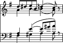 { \override Score.TimeSignature #'stencil = ##f \key g \major << \relative d'' { << { d8 dis e b d4( c8) } \\ { a4 b ~ b( a8) } >> r8 }
\new Staff { \clef bass \key g \major \relative a << { a4 e'\( ~ e8 gis a\) r } \\ { fis,4 gis a a8 } >> } >> }