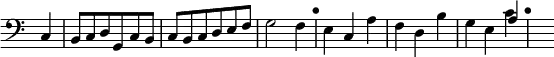 \relative c { \clef bass \time 3/4 \override Score.TimeSignature #'stencil = ##f \partial 4
c4 | b8 c d g, c b | c b c d e f | g2 f4 | \mark "•"
e c a' | f d b' | g e << { a } \\ { c } >> \mark "•" s16 }