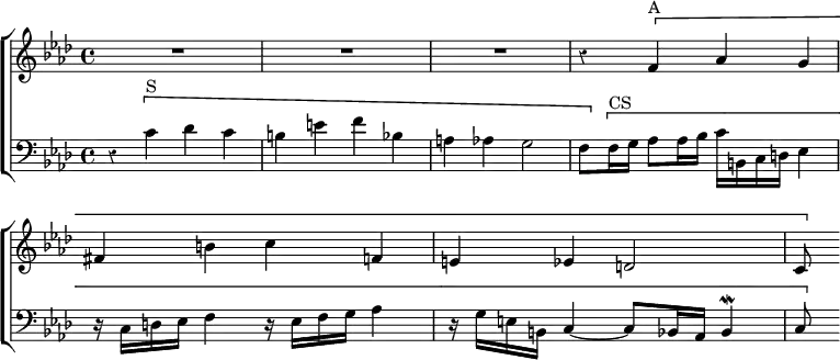  \new ChoirStaff << \override Score.BarNumber #'break-visibility = #'#(#f #f #f) \override Score.Rest #'style = #'classical
  \new Staff \relative f' { \key f \minor \time 4/4 R1*3
    r4 \[ f^"A" aes g | fis b c f, | e ees d2 | c8 \] }
  \new Staff \relative c' { \clef bass \key f \minor
    r4 \[ c^"S" des c | b e f bes, | a aes g2 |
    f8[ \] \[ f16^"CS" g] aes8 aes16 bes c b, c d ees4 |
    r16 c d ees f4 r16 ees f g aes4 |
    r16 g e b c4 ~ c8 bes16 aes bes4\mordent | c8 \] } >>