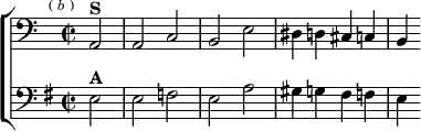 \new ChoirStaff <<
\new Staff \relative a, { \clef bass \key a \minor \time 2/2 \partial 2 \mark \markup \tiny { (\italic"b") }
a2^\markup \bold "S" | a c | b e | dis4 d cis c | b }
\new Staff \relative e { \clef bass \key e \minor
e2^\markup \bold "A" | e f | e a | gis4 g fis f | e } >>