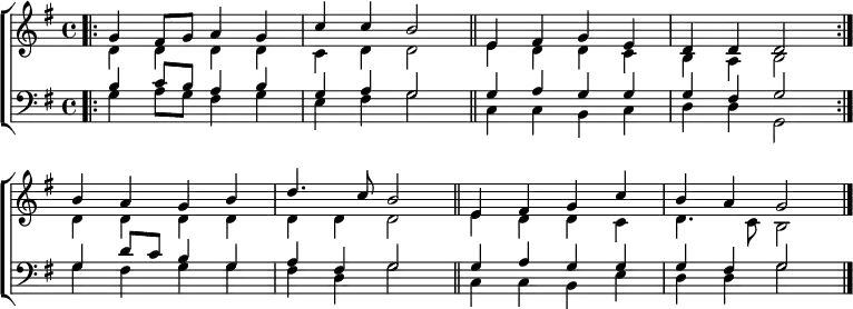 
{ \new ChoirStaff <<
  \new Staff << 
    \new Voice \relative c'' { \set Score.tempoHideNote = ##t \override Score.BarNumber  #'transparent = ##t \tempo 4 = 96 \voiceOne \clef treble \key g \major \time 4/4
  \bar".|:" g4 fis8 g a4 g | c c b2 \bar"||" e,4 fis g e | d d d2 \bar":|." \break
  b'4 a g b | d4. c8 b2 \bar"||" e,4 fis g c | b a g2 \bar "|." 
 } 
    \new Voice \relative c' { \voiceTwo 
  d4 d d d | c d d2 | e4 d d c | b a b2 |
  d4 d d d | d d d2 | e4 d d c | d4. c8 b2
 } 
  >>
  \new Staff <<
    \new Voice \relative c' { \clef bass \key g \major \time 4/4 \voiceOne
  b4 c8 b a4 b | g a g2 | g4 a g g | g fis g2
  g4 d'8 c b4 g | a fis g2 | g4 a g g | g fis g2 
 }
    \new Voice \relative c' { \voiceTwo 
  g4 a8 g fis4 g | e fis g2 | c,4 c b c | d d g,2
  g'4 fis g g | fis d g2 | c,4 c b e | d d g2
 } 
>> >> }

