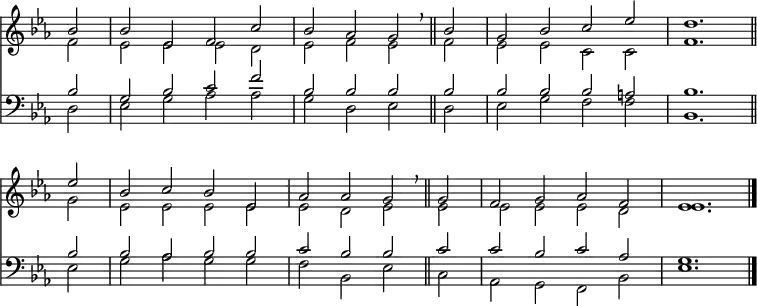
\transpose d es {
<< <<
\new Staff { \clef treble \time 4/2 \partial 2 \key d \major \set Staff.midiInstrument = "church organ" \omit Staff.TimeSignature \set Score.tempoHideNote = ##t \override Score.BarNumber  #'transparent = ##t
  \relative c'' 
  << { a2 | a d, e b' | a g fis \breathe \bar"||" a | fis a b d | cis1. \bar"||" \break
  d2 | a b a d, | g g fis \breathe \bar"||" fis | e fis g e | d1. \bar"|." } \\
  { e2 | d d d cis | d e d e | d d b b | e1. 
  fis2 | d d d d | d cis d d | d d d cis | d1. } >>
}
\new Staff { \clef bass \key d \major \set Staff.midiInstrument = "church organ" \omit Staff.TimeSignature
  \relative c'
  << { a2 | fis a b e | a, a a a | a a a gis | a1.
  a2 | a g a a | b a a b | b a b g | fis1. } \\
  { cis2 | d fis g g | fis cis d cis | d fis e e | a,1.
  d2 | fis g fis fis | e a, d b | g fis e a | d1. } >>
}
>> >> }
\layout { indent = #0 }
\midi { \tempo 2 = 80 }
