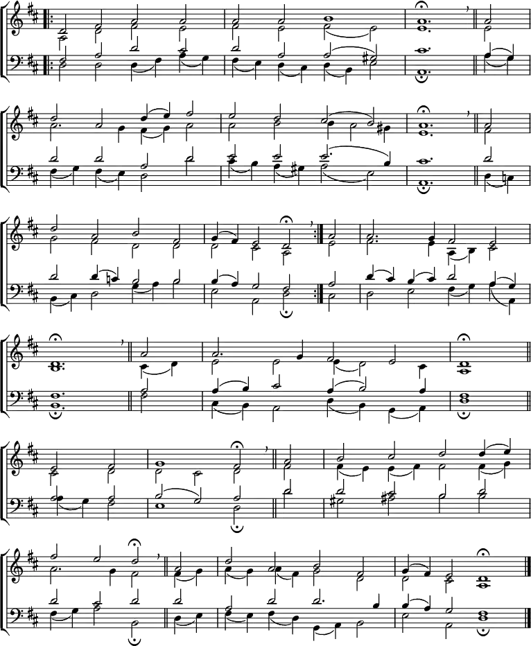 
\new ChoirStaff <<
  \new Staff { \clef treble \time 4/2 \key d \major \set Staff.midiInstrument = "church organ" \omit Staff.TimeSignature \set Score.tempoHideNote = ##t \override Score.BarNumber  #'transparent = ##t
  \relative c'
  << { \bar".|:" d2 fis a a | a a b1 | a1. \fermata \bar"||" \breathe a2 \break
     d a d4( e) fis2 | e d cis( b) | a1. \fermata \bar"||" \breathe a2 \break
     d a b fis | g4( fis) e2 d \fermata \bar":|." \breathe a'2 | a2. g4 fis2 e | \break
     d1. \fermata \bar"||" \breathe a'2 | a2. g4 fis2 e | d1 \fermata \bar"||" \break
     e2 fis | g1 fis2 \fermata \bar"||" \breathe a | b cis d d4( e) \break
     fis2 e d \fermata \bar"||" \breathe a | d a b fis | g4( fis) e2 d1 \fermata \bar"|."    
  } \\
  { a2 d fis e | fis e fis( e) | e1. e2
    a2. g4 fis( g) a2 | a b b4 a2 gis4 | e1. fis2
    g fis d d | d cis a e' | fis2. e4 a,( b) cis2
    b1. cis4( d) | e2 e e4( d2) cis4 | a1
    cis2 d | d cis d fis | fis4( e) e( fis) fis2 fis4( g)
    a2. g4 fis2 fis4( g) | a( g) a( fis) g2 d | d cis a1 } >>
  } 
\new Staff { \clef bass \key d \major \set Staff.midiInstrument = "church organ" \omit Staff.TimeSignature
  \relative c
  << { fis2 a d cis | d a a( gis) | cis1. a4( g)
     d'2 d a d | e e e2.( b4) | cis1. d2
     d d4( c) b2 b | b4( a) g2 fis a | d4( cis) b( cis) d2 a4( g) 
     fis1. a2 | a4( b) cis2 a4( b2) a4 | fis1
     a2 a | b( g) a d | d cis b d
     d2 cis d d | a d d2. b4 | b( a) g2 fis1 } \\
  { d2 d d4( fis) a( g) | fis( e) d( cis) d( b) e2 | a,1. \fermata | a'4( g)
    fis( g) fis( e) d2 d' | cis4( b) a( gis) a2( e) | a,1. \fermata d4( c)
    b( cis) d2 g4( a) b2 | e,2 a, d \fermata cis | d e fis4( g) a( a,)
    b1. \fermata fis'2 | cis4( b) a2 d4( b) g( a) | d1 \fermata
    a'4( g) fis2 | e1 d2 \fermata d' | gis, ais b b
    fis4( g) a2 b, \fermata d4( e) | fis( e) fis( d) g,( a) b2| e a, d1 \fermata } >>
  } 
>>
\layout { indent = #0 }
\midi { \tempo 2 = 60 }
