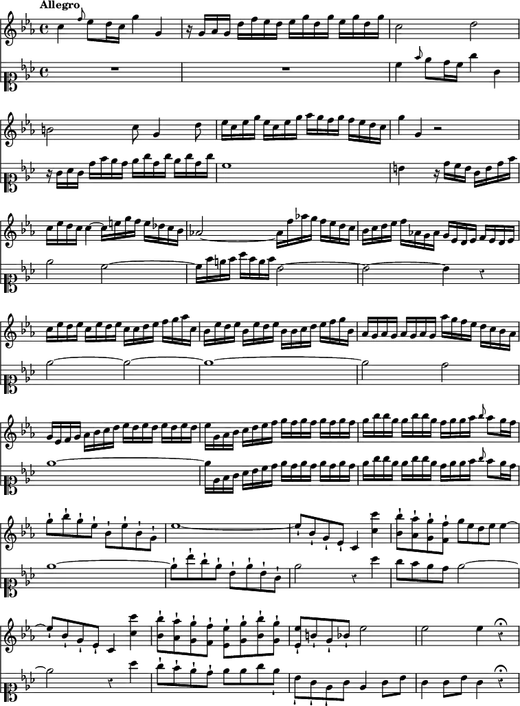 { << \new Staff \relative c'' { \key ees \major \time 4/4 \tempo "Allegro" \override Score.Rest #'style = #'classical \override Score.BarNumber #'break-visibility = #'#(#f #f #f)
c4 \grace f8 ees d16 c g'4 g, |
r16 g aes g d' f ees d ees g d g ees g d g | %end line 1
c,2 d | b c8 g4 d'8 | %end line 2
ees16 c ees g ees c ees g aes g f g f ees d c | g'4 g, r2 |%eol3
c16 ees d c c4 ~ c16 e g f e des c bes |
aes!2 ~ aes16 f' aes! g f ees d c | %end column 1
bes c d ees f aes,! g aes g ees d ees f ees d ees |
c' ees d ees c ees d ees c c d ees f g aes c, | %end line 1
bes ees d ees bes ees d ees bes bes c d ees f g bes, |
aes g aes g aes g aes g aes' g f ees d c bes aes | %end line 2
g ees f g aes bes c d ees d ees d ees d ees d |
ees g, aes bes c d ees f g f g f g f g f | %end line 3
g bes bes g g bes bes g f g g aes \grace bes8 aes g16 f |
g8-! bes-! g-! ees-! bes-! ees-! bes-! g-! | %end line 4
ees'1 ~ | ees8_! bes_! g_! ees_! c4 <c' c'> |
<bes bes'>8-! <aes aes'>-! <g g'>-! <f f'>-! g'8*1/2 ees d ees ees4 ~ | %end line 5
ees8_! bes_! g_! ees_! c4 <c' c'> |
<bes bes'>8-! <aes aes'>-! <g g'>-! <f f'>-!
<ees ees'>-! <g g'>-! <bes bes'>-! <g g'>-! |
<ees ees'>-! b'-! g-! bes-! ees2 | %end line 6
ees2 ees4 r4\fermata }
\new Staff \relative c'' { \clef soprano \key ees \major
R1 R | c4 \grace f8 ees d16 c g'4 g, |
r16 g aes g d' f ees d ees g d g ees g d g | %end line 2
c,1 | b4 s r16 d c b g b d f | %end line 3
ees2 c ~ | c16 f e f aes f e f bes,2 ~ | %end column 1
bes ~ bes4 r | ees2 ~ ees ~ | %end line 1
ees1 ~ ees2 d | %end line 2
ees1 ~ | ees16 ees, f g aes bes c d ees d ees d ees d ees d |%eol3
ees g g ees ees g g ees d ees ees f \grace g8 f ees16 d | ees1 ~
ees8-! bes'-! g-! ees-! bes-! ees-! bes-! g-! |
ees'2 r4 aes | g8 f ees d ees2 ~ | %end line 5
ees r4 aes | g8-! f-! ees-! d-! ees ees g ees_! |
bes_! g_! ees_! g ees4 g8 bes | %end line 6
g4 g8 bes g4 r\fermata } >> }