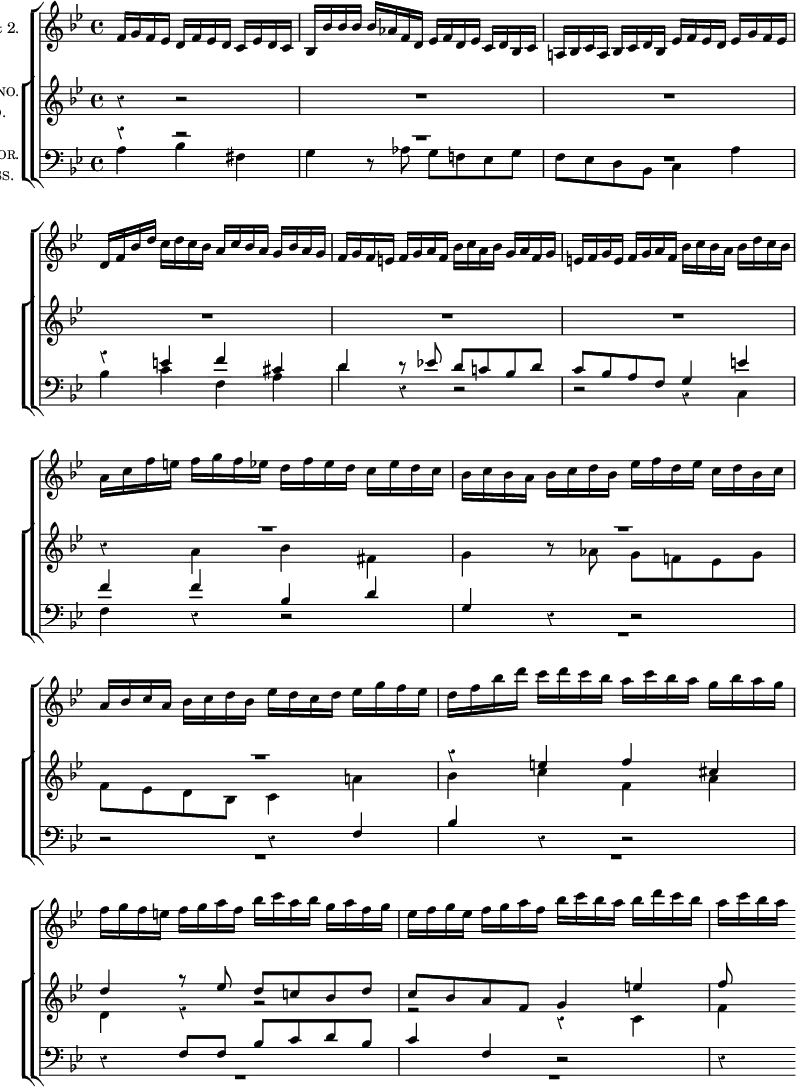 \new ChoirStaff <<
\new Staff \with { instrumentName = \markup { \caps "Violini" 1 & 2. } }
\relative f' { \key g \minor \time 4/4 \override Score.Rest #'style = #'classical \override Score.BarNumber #'break-visibility = #'#(#f #f #f) \partial 2.
f16 g f ees d f ees d c ees d c | bes bes' bes bes bes aes f d ees f d ees c d bes c %eol
a! bes c a bes c d bes ees f ees d ees g f ees |
d f bes d c d c bes a c bes a g bes a g %eop
f g f e f g a f bes c a bes g a f g | e f g e f g a f bes c bes a bes d c bes | %eol1
a c f e f g f ees d f ees d c ees d c | bes c bes a bes c d bes ees f d ees c d bes c %eol2
a bes c a bes c d bes ees d c d ees g f ees | d f bes d c d c bes a c bes a g bes a g %eol3
f g f e f g a f bes c a bes g a f g | ees f g ees f g a f bes c bes a bes d c bes |
a c bes a
}
\new ChoirStaff <<
\new Staff \with { instrumentName = \markup { \center-column { \caps "Soprano." \caps "Alto." } } }
<<
\new Voice \relative e'' { \key g \minor \stemUp
r4 r2 | R1*3 %eop
R1 R | \override MultiMeasureRest.staff-position = #4 R R %eol2
R \revert MultiMeasureRest.staff-position r4 e f cis | %eol3
d4 g8\rest ees d c! bes d | c bes a f g4 e' | f8 s
}
\new Voice \relative a' { \stemDown
s4 s2 | s1 s s %eop
s s | r4 a bes fis | g r8 aes g f! ees g %eol2
f ees d bes c4 a'! | bes c f, a | %eol3
d, e\rest r2 | r r4 c | f
} >>
\new Staff \with { instrumentName = \markup { \center-column { \caps "Tenor." \caps "Bass." } } }
<<
\new Voice \relative e' { \key g \minor \stemUp \clef bass
r4 r2 | \once \override MultiMeasureRest.staff-position = #6 R1 R | r4 e f cis | %eop
d d8\rest ees! d c! bes d | c bes a f g4 e' | f f bes, d | g, r r2 %eol2
r2 r4 f | bes r r2 | r4 f8 f bes c d bes | c4 f, r2 | r4
}
\new Voice \relative a { \stemDown
a4 bes fis | g r8 aes g f! ees g | f ees d bes c4 a' | bes c f, a %eop
d r r2 | r r4 c, | f r r2 | \override MultiMeasureRest.staff-position = #-6 R1 %eol2
R1*4
}
>>
>>
>>