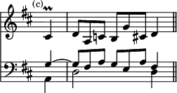 { << \new Staff \relative c' { \key d \major \override Score.TimeSignature #'stencil = ##f \time 3/4 \mark \markup \small "(c)" \partial 4 \override TupletNumber #'stencil = ##f
  cis4\prall | \tuplet 3/2 4 { d8[ a c] b[ g' cis,] } d4 \bar "||" }
\new Staff \relative g { \key d \major \clef bass
  << { \override TupletNumber #'stencil = ##f g4 ~ \tuplet 3/2 4 { g8 fis a g e a } fis4 } \\
     { a,4 d2 d4 } >> } >> }