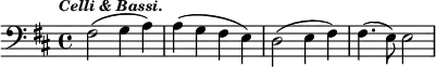 { \time 4/4 \key b \minor \tempo \markup { \italic \smaller "Celli & Bassi." } \clef bass fis2( g4 a) | a( g fis e) | d2( e4 fis) | fis4.( e8) e2 | }