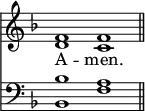 
<<
\new Staff { \clef treble \time 4/2 \key f \major \set Staff.midiInstrument = "church organ" \omit Staff.TimeSignature
  \relative c' { << { f1 f \bar"||" } \\ { d c } >> } }
\new Lyrics \lyricmode { A -- men. }
\new Staff { \clef bass \key f \major \set Staff.midiInstrument = "church organ" \omit Staff.TimeSignature
  \relative c' { << { bes1 a } \\ { bes,1 f' } >> } }
>>
\layout { indent = #0 }
\midi { \tempo 2  = 80 }
