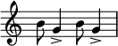 { \override Score.TimeSignature #'stencil = ##f \time 3/4 b'8 g'4-> b'8 g'4-> }