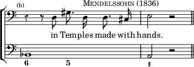 \new ChoirStaff << \override Score.Rest #'style = #'classical \override Score.TimeSignature #'stencil = ##f
\new Staff \relative d { \time 4/4 \clef bass \mark \markup \tiny "(b)" \autoBeamOff
r4 r8 d gis8. d16^\markup \caps "Mendelssohn (1836)" d8. cis16 | e2 r \bar "||" }
\addlyrics { in Tem -- ples made with hands. }
\new Staff { \clef bass bes,1 a,2 r }
\figures { < 6 >2 < 5 > < _+ > } >>