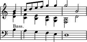 { << \new Staff << \time 4/4 \override Score.TimeSignature #'stencil = ##f \partial 4
\new Voice \relative b' { \stemUp
b4 | c8 d e f g4 g | g2 b, }
\new Voice \relative d' { \stemDown
<d g>4 | <c f> <b e> <a d> <g c> | <f b>2 d' } >>
\new Staff { \clef bass
b4^\markup \small "Bass." | a g f e | d1 } >> }