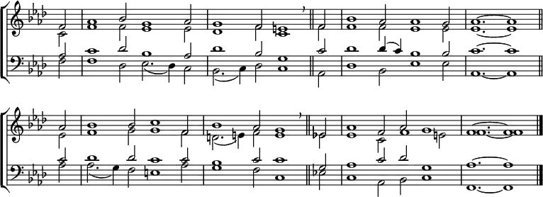 
\new ChoirStaff <<
  \new Staff { \clef treble \time 6/2 \key f \minor \partial 2 \set Staff.midiInstrument = "church organ" \omit Staff.TimeSignature \set Score.tempoHideNote = ##t \override Score.BarNumber  #'transparent = ##t 
  \relative c'
  << { f2 | aes1 bes2 g1 aes2 | g1 f2 e1 \breathe \bar"||" f2 | bes1 aes2 aes1 g2 | aes1. ~ aes1 \bar"||" \break
       aes2 | bes1 bes2 c1 f,2 | bes1 aes2 g1 \breathe \bar"||" es2 | aes1 f2 aes g1 | f1. ~ f1 \bar"|." } \\
  { c2 | f1 f2 es1 es2 | des1 f2 c1 f2 | f1 f2 es1 es2 | es1. ~ es1
    es2 | f1 g2 g1 f2 | d2.( e4) f2 e1 es2 | es1 c2 f1 e2 | f1. ~ f1 } >>
  } 
\new Staff { \clef bass \key f \minor \set Staff.midiInstrument = "church organ" \omit Staff.TimeSignature \override Staff.NoteHead.style = #'altdefault
  \relative c'
  << { aes2 | c1 des2 bes1 aes2 | des1 bes2 g1 c2 | des1 des4( c) bes1 bes2 | c1. ~ c1 
       c2 | des1 des2 c1 c2 | bes1 c2 c1 g2 | aes1 c2 des g,1 | aes1. ~ aes1 } \\
  { f2 | f1 des2 es2.( des4) c2 | bes2.( c4) des2 c1 aes2 | des1 bes2 es1 es2 | aes,1. ~ aes1
    aes'2 | aes2.( g4) f2 e1 aes2 | g1 f2 c1 es!2 | c1 aes2 bes c1 | f,1. ~ f1 } \\ >>
  } 
>>
\layout { indent = #0 }
\midi { \tempo 2 = 80 }
