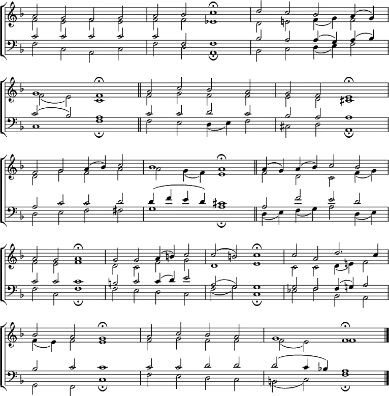 
\new ChoirStaff <<
  \new Staff { \clef treble \time 4/2 \key f \major \set Staff.midiInstrument = "church organ" \omit Staff.TimeSignature \set Score.tempoHideNote = ##t \override Score.BarNumber  #'transparent = ##t
  \relative c''
  << { a2 g f g | a bes c1 \fermata d2 c bes a4( g) \break
       g1 f \fermata \bar"||" a2 c bes a | g f e1 \fermata \break
       f2 g a4( bes) c2 | bes1 a \fermata \bar"||" a4( g) a( bes) c2 bes \break
       a g a1 \fermata | g2 g a4( b) c2 | c( b) c1 \fermata | c2 a d2. c4 \break
       bes2 a g1 \fermata | a2 c bes a | g1 f \fermata \bar"|." } \\
  { f2 e f e | f f es1 | d2 e! f4( g) f2
    f( e) c1 | f2 g f f | e d cis1
    d2 g f a | a g4( f) e1 | f2 d c f4( g) 
    f2 e f1 | d2 c f g | d1 e | c2 c d4( e!) f2
    f4( e) f2 e1 | f2 g f f | f( e) f1 } >>
  } 
\new Staff { \clef bass \key f \major \set Staff.midiInstrument = "church organ" \omit Staff.TimeSignature
  \relative c'
  << { c2 c c c | c f, f1 | bes2 a a4( g) a( bes) 
       c2( bes) a1 | c2 c d c | bes a a1
       a2 c c d | d4( f e d) cis1 | a2 f' e d 
       c c c1 | b2 c c4( d) e2 | a,( g) g1 | g2 f f4( g!) a2
       bes c c1 | c2 c d d | d( c4 bes!) a1 } \\
  { f2 c a c | f d a1 \fermata | bes2 c d4( e) f2
    c1 f \fermata | f2 e d4( e) f2 | cis d a1 \fermata 
    d2 e f fis | g1 a \fermata | d,4( e) f( g) a2 d,4( e)
    f2 c f1 \fermata | f2 e d c | f( g) c,1 \fermata | es2 f bes, a
    g f c'1 \fermata | f2 e d c | b( c) f1 \fermata } >>
  } 
>>
\layout { indent = #0 }
\midi { \tempo 2 = 48 }
