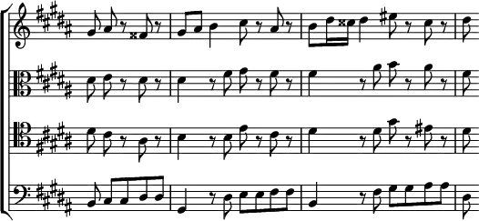 \new ChoirStaff << \override Score.Rest #'style = #'classical \override Score.TimeSignature #'stencil = ##f
\new Staff \relative g' { \key gis \minor \time 4/4 \partial 8*5
gis8 ais r fisis r | gis ais b4 cis8 r ais r |
b dis16 cisis dis4 eis8 r cisis r | dis }
\new Staff \relative d' { \clef alto \key gis \minor
dis8 e r dis r | dis4 r8 fis gis r fis r |
fis4 r8 ais b r ais r | fis }
\new Staff \relative d' { \clef tenor \key gis \minor
dis8 cis r ais r | b4 r8 b e r cis r |
dis4 r8 dis gis r eis r | dis }
\new Staff \relative b, { \clef bass \key gis \minor
b8 cis cis dis dis | gis,4 r8 dis' e e fis fis |
b,4 r8 fis' gis gis ais ais | dis, } >>