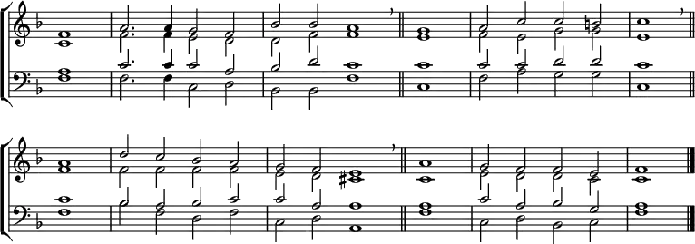 
\new ChoirStaff <<
  \new Staff { \clef treble \time 4/2 \key f \major \partial 1 \set Staff.midiInstrument = "church organ" \omit Staff.TimeSignature \set Score.tempoHideNote = ##t \override Score.BarNumber  #'transparent = ##t 
  \relative c'
  << { f1 | a2. a4 g2 f | bes bes a1 \bar"||" \breathe \time 2/2 g \time 4/2 a2 c c b | c1 \bar"||" \breathe \break
     a | d2 c bes a | g f e1 \bar"||" \breathe \time 2/2 a \time 4/2 g2 f f e | f1 \bar"|." } \\
  { c1 | f2. f4 e2 d | d f f1 | e | f2 e g g | e1
  f1 | f2 f f f | e d cis1 | c | e2 d d c | c1 } >>
  } 
\new Staff { \clef bass \key f \major \set Staff.midiInstrument = "church organ" \omit Staff.TimeSignature
  \relative c'
  << { a1 | c2. c4 c2 a | bes d c1 | c | c2 c d d | c1
     c | bes2 a bes c | c a a1 | a | c2 a bes g | a1 } \\
  { f1 | f2. f4 c2 d | bes bes f'1 | c | f2 a g g | c,1
  f | bes2 f d f | c d a1 | f' | c2 d bes c | f1 } >>
  } 
>>
\layout { indent = #0 }
\midi { \tempo 2 = 69 }

