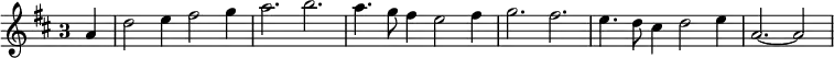 { \relative a' { \override Staff.TimeSignature.style = #'single-digit \time 3/2 \partial 4 \key d \major
a4 | d2 e4 fis2 g4 | a2. b | a4. g8 fis4 e2 fis4 | %end line 1
g2. fis | e4. d8 cis4 d2 e4 | a,2. ~ a2 \bar "|" } }