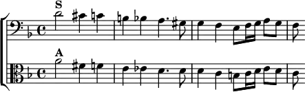 \new ChoirStaff <<
\new Staff \relative d' { \clef bass \key d \minor \time 4/4
d2^\markup \bold "S" cis4 c | b bes a4. gis8 |
g4 f e8 f16 g a8 g | f }
\new Staff \relative a' { \clef alto \key d \minor
a2^\markup \bold "A" fis4 f | e ees d4. d8 |
d4 c b8 c16 d e8 d | c } >>