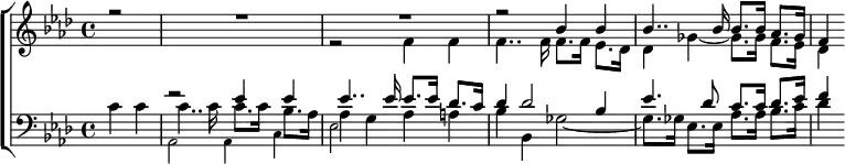 \new ChoirStaff <<
\new Staff \relative b' { \key aes \major \time 4/4 \partial 2
<< { r2 R1 | R1 r2 bes4 bes | bes4.. bes16 bes8. bes16 aes8. ges16 | f4 } \\
{ s2 s1 r2 f4 f | f4.. f16 f8. f16 ees8. des16 |
des4 ges _~ ges8. ges16 f8. ees16 | des4 } >> }
\new Staff \relative e' { \clef bass \key aes \major
<< { s2 r2 ees4 ees | ees4.. ees16 ees8. ees16 des8. c16 |
des4 des2 bes4 | ees4. des8 c8. c16 des8. ees16 f4 } \\
{ c4 c | c4.. c16 c8. c16 bes8. aes16 | aes4 g aes a |
bes bes, ges'2 _~ ges8. ges16 ees8. ees16 aes8. aes16 bes8. c16 | des4 } \\
{ \tiny \stemDown s2 aes, aes4 c | ees2 } >> } >>