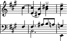 { \override Score.TimeSignature #'stencil = ##f \time 3/4 \key a \major \partial 4 << \relative c'' { cis4 ~ | <cis e,>( <b dis,>) <dis b>^\lheel | <e b>\tenuto }
\new Staff { \clef bass \key a \major << \relative f { fis4 | fis4. ais8 b a | g4 } \\ { s4 b,2. | e,4 } >> } >> }