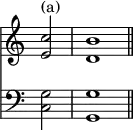 { \override Score.TimeSignature #'stencil = ##f \time 4/4 \partial 2 << \relative c'' { <c e,>2^"(a)" <b d,>1 \bar "||" } \new Staff { \clef bass <g c>2 <g g,>1 } >> }