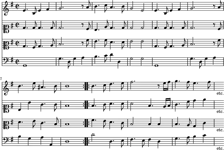 { <<
\new Staff \relative g' { \clef french \key g \major \time 2/2
g4. d8 g4 a | b2. r8 c | d4. e8 c4. d8 |
b2 g | g4. d8 g4 a | b2. r8 c | %end line 1
d4. g8 cis,4. d8 | d1 \bar ":..:"
d4. e8 fis4. g8 | a2. r8 g16 a | b4. a8 g4. a8 | s4_"etc." }
\new Staff \relative d' { \clef soprano \key g \major
d4. d8 d4. d8 | d2. r8 c | b4. e8 d4. d8 | d2 d |
d4. d8 d4. d8 | d2. r8 c | %end line 1
b4 b' g4. g8 | fis1 |
fis4. g8 a4. a8 | a2 fis4. e16 fis | g4. c8 d4 e | s_"etc." }
\new Staff \relative b { \clef mezzosoprano \key g \major
b4. a8 b4. c8 | d2. r8 a' | g4. a8 fis4. fis8 | g2 g |
b,4. a8 b4. c8 | d2. r8 a' | %end line 1
fis4. g8 e4. d8 | d1 |
a'4. g8 fis4. e8 | d2 d4 d | d4. c8 b4 e | s_"etc." }
\new Staff \relative g, { \clef bass \key g \major
g1 | g'4. d8 g4 a | b4. c8 d4 d, | g2 g |
g,1 | g'4. d8 g4 a | %end line 1
b4 g a a, | d1 |
d'2 d,4. e8 | fis4. e8 fis4 d | g4. a8 b4 c | s_"etc." } >> }