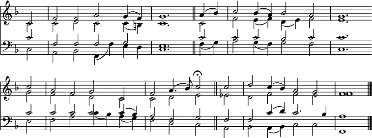 
<< <<
\new Staff { \clef treble \time 4/2 \partial 2 \key f \major \set Staff.midiInstrument = "church organ" \omit Staff.TimeSignature \set Score.tempoHideNote = ##t \override Score.BarNumber  #'transparent = ##t
  \relative c'
  << { c2 | f f a g4( f) | g1. \bar"||" a4( bes) | c2 bes4( a) bes2 a | g1. \bar"" \break 
  c2 | a f g c, | f a4.( bes8) c2 \fermata \bar"||" c | d c4( bes) a2 g | f1 \bar"|." } \\
  { c2 | c d c c4( b) | c1. c2 | f e4( f) d( e) f2| e1.
  g2 | f f d c | c d e es | d f f e | f1 } >>
}
\new Staff { \clef bass \key f \major \set Staff.midiInstrument = "church organ" \omit Staff.TimeSignature
  \relative c'
  << { c2 | f, f f g | e1. c'2 | c c bes c | c1.
  c2 | c c c c4( bes) | a2 f g f | f c'4( d) c2. bes4 | a1 } \\
  { c,2 | a bes f4( f') e d |c1. f4( g) | a2 g4( f) g2 f | c1.
  e2 | f a c4( bes) a( g) | f2 d c a | bes a4( bes) c2 c | f,1 } >>
}
>> >>
\layout { indent = #0 }
\midi { \tempo 2 = 72 }
