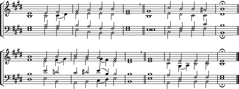 
\new ChoirStaff <<
  \new Staff { \clef treble \time 4/2 \key e \major \set Staff.midiInstrument = "church organ" \omit Staff.TimeSignature \set Score.tempoHideNote = ##t \override Score.BarNumber  #'transparent = ##t 
  \relative c'
  << { e1 e2 fis | gis a b b | gis1 \breathe \bar"||" gis | cis2 b b ais | \time 2/2 b1 \fermata \bar"||" \break
     \time 4/2 b gis2 b | cis b a gis | fis1 \breathe \bar"||" gis | fis2 e e dis | e1 \fermata \bar"|." } \\
  { b1 b2 cis4( dis) | e2 e e dis | e1 b | e2 dis cis cis | dis1
    fis e2 fis4( gis) | a2 gis gis4( fis) e2 | dis1 e | cis2 gis4( a) b2 b | b1 } >>
  } 
\new Staff { \clef bass \key e \major \set Staff.midiInstrument = "church organ" \omit Staff.TimeSignature
  \relative c'
  << { gis1 | b2 a | b a fis fis | gis1 e | gis2 fis gis cis | b1
       b1 e2 d) | cis dis! e4( b) b2 | b1 b | a2 e fis fis | gis1 } \\
  { e1 gis2 fis | e cis b b | e1 e | cis2 dis e fis | b,1 \fermata
    dis e2 b | a b cis4( dis) e2 | b1 e | a,2 cis b b | e1 \fermata } >>
  } 
>>
\layout { indent = #0 }
\midi { \tempo 2 = 66 }
