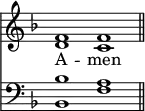 
<< <<
\new Staff { \clef treble \time 4/2 \key f \major \set Staff.midiInstrument = "church organ" \omit Staff.TimeSignature
  \relative c' { << { f1 f \bar"||" } \\ { d c } >> }
}
\new Lyrics \lyricmode { A -- men }
\new Staff { \clef bass \key f \major \set Staff.midiInstrument = "church organ" \omit Staff.TimeSignature
  \relative c' { << { bes1 a } \\ { bes,1 f' } >> }
}
>> >>
\layout { indent = #0 }
\midi { \tempo 2 = 48 }
