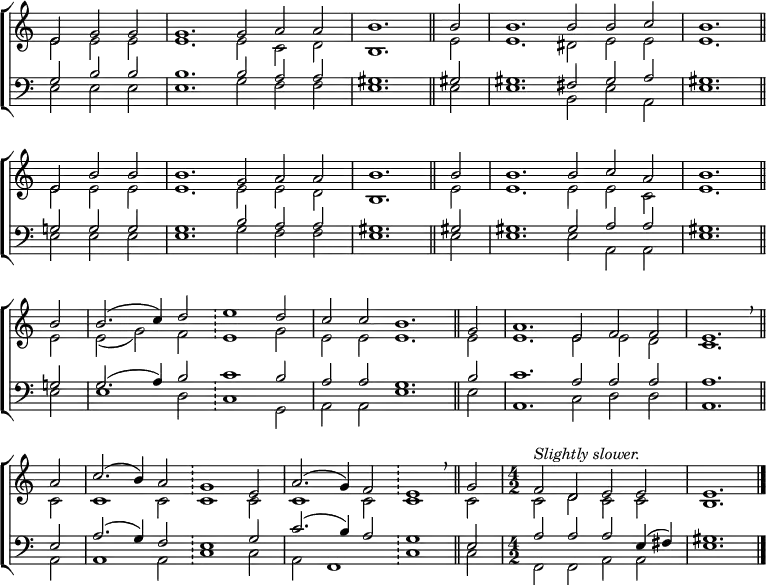 
\new ChoirStaff <<
  \new Staff { \clef treble \time 6/2 \key c \major \partial 1. \set Staff.midiInstrument = "church organ" \omit Staff.TimeSignature \set Score.tempoHideNote = ##t \override Score.BarNumber  #'transparent = ##t 
  \relative c'
  << { e2 g g | g1. g2 a a | \time 4/2 b1. \bar"||" b2 | \time 6/2 b1. b2 b c | b1. \bar"||" \break
       e,2 b' b | b1. g2 a a | \time 4/2 b1. \bar"||" b2 | \time 6/2 b1. b2 c a | \time 4/2 b1. \bar"||" \break
       b2 | \time 6/2 b2.( c4) d2 \bar"!" e1 d2 | c c b1. \bar"||" g2 | a1. e2 f f | \time 4/2 e1. \breathe \bar"||" \break
       a2 | \time 6/2 c2.( b4) a2 \bar"!" g1 e2 | a2.( g4) f2 \bar"!" e1 \breathe \bar"||" g2 | \undo \omit Staff.TimeSignature \time 4/2 ^\markup \italic "Slightly slower." f d e e | e1. \bar"|." } \\
  { e2 e e | e1. e2 c d | b1. e2 | e1. dis2 e e | e1.
    e2 e e | e1. e2 e d | b1. e2 | e1. e2 e c | e1.
    e2 | e( g) f e1 g2 | e e e1. e2 | e1. e2 e d | c1.
    c2 | c1 c2 c1 c2 | c1 c2 c1 c2 | c d c c | b1. } >>
  } 
\new Staff { \clef bass \key c \major \set Staff.midiInstrument = "church organ" \omit Staff.TimeSignature \override Staff.NoteHead.style = #'altdefault
  \relative c'
  << { g2 b b | b1. b2 a a | gis1. gis!2 | gis1. fis2 gis a | gis1.
       g!2 g g | g1. b2 a a | gis1. gis!2 | gis1. gis2 a a | gis1.
       g!2 g2.( a4) b2  c1 b2 | a a g1. b2 | c1. a2 a a | a1.
       e2 | a2.( g4) f2 e1 g2 | c2.( b4) a2 g1 e2 | \undo \omit Staff.TimeSignature a a a e4( fis) | gis1. } \\
  { e2 e e | e1. g2 f f | e1. e2 | e1. b2 e a, | e'1.
    e2 e e | e1. g2 f f | e1. e2 | e1. e2 a, a | e'1.
    e2 | e1 d2 c1 g2 | a a e'1. e2 | a,1. c2 d d | a1.
    a2 | a1 a2 c1 c2 | a2 f1 c'1 c2 | f, f a a | e'1. } >>
  } 
>>
\layout { indent = #0 }
\midi { \tempo 2 = 84 }
