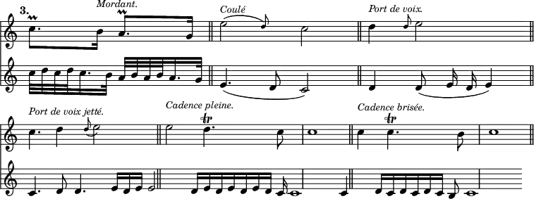 { \override Score.TimeSignature #'stencil = ##f \tempo "3." << \cadenzaOn \relative c'' { c8.[\prall b16]^\markup { \smaller \italic Mordant. } a8.[\prall g16] \bar "||" \afterGrace e'2(^\markup { \smaller \italic Coulé } d8) c2 \bar "||" d4^\markup { \smaller \italic "Port de voix." } \grace d8 e2 \bar "||" c4.^\markup { \smaller \italic "Port de voix jetté." } d4 \appoggiatura  d8 e2 \bar "||" e2^\markup { \smaller \italic "Cadence pleine." } d4.\trill c8 \bar "|" c1 \bar "||" c4^\markup { \smaller \italic "Cadence brisée." } c4.\trill b8 \bar "|" c1 \bar "||" }
\new Staff { \relative c'' { c32[ d c d c16. b32] a32[ b a b a16. g32] e4.( d8 c2) d4 d8( e16 d e4) c4. d8 d4. e16[ d e] e2 d16[ e d e d e d] c c1 c4 d16[ c d c d c] b8 c1 } } >> }